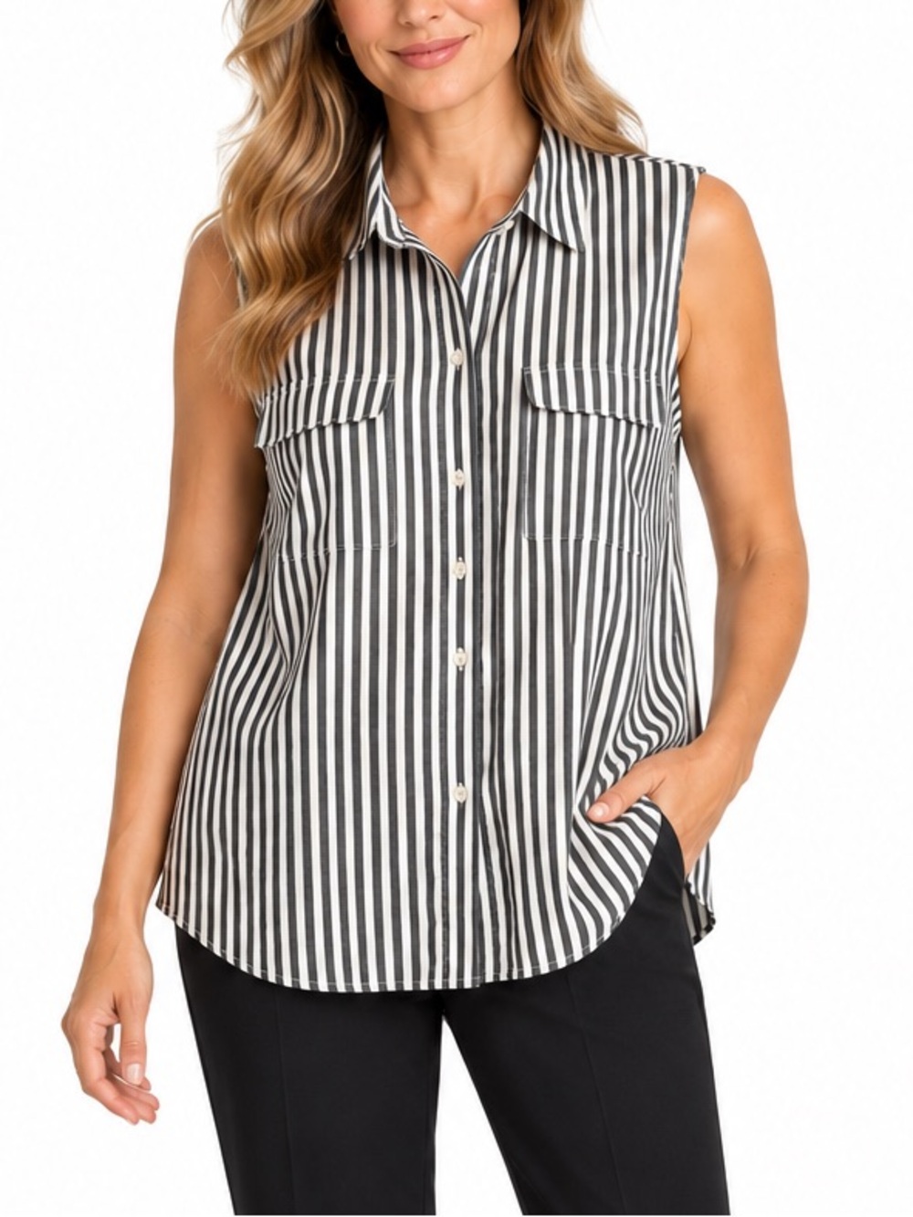 J.Jill Gray White Striped Sleeveless Button Front Shirt Size Large